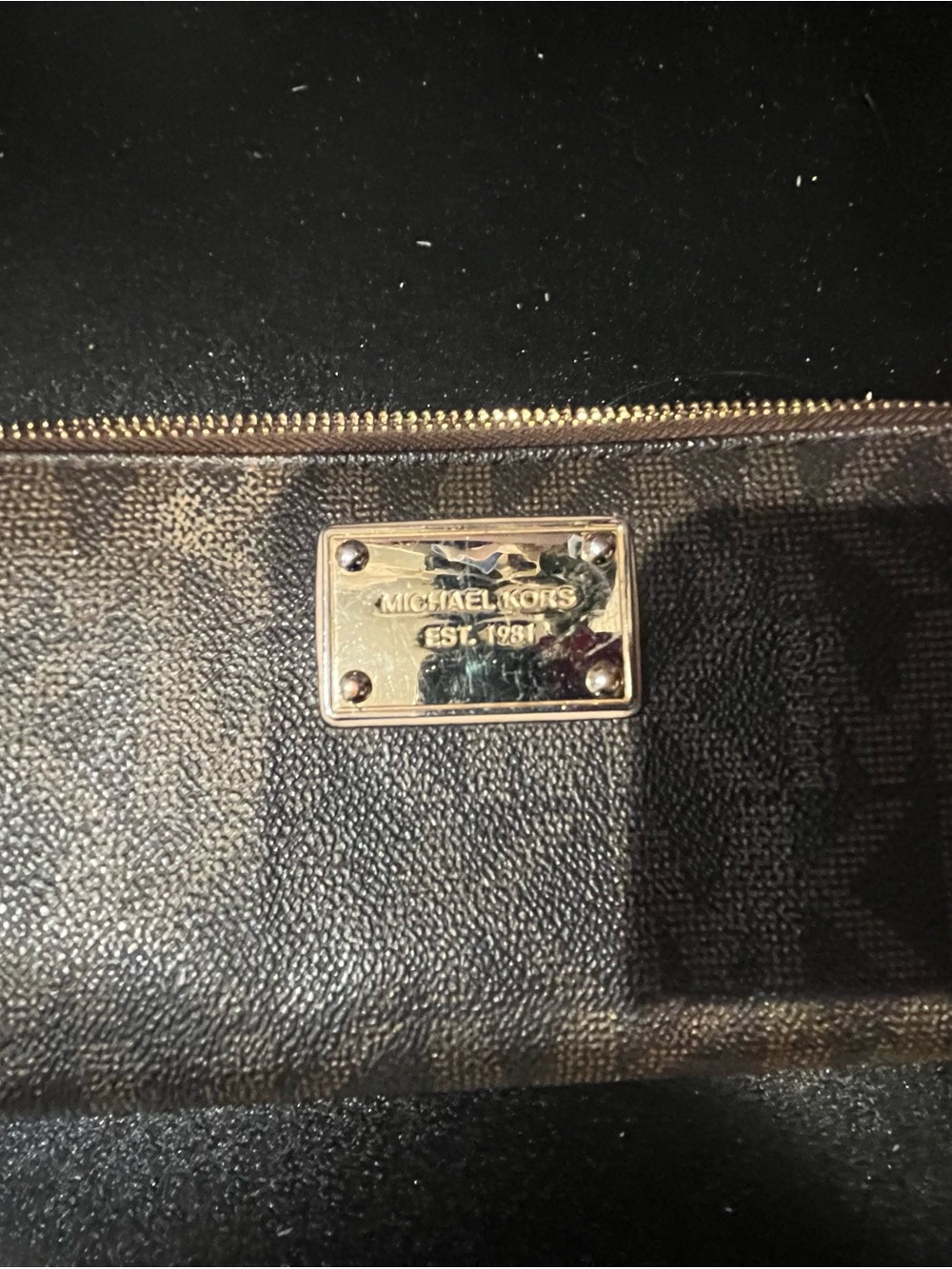 Michael Kors Brown Monogram Canvas Zip Wallet with Gold Plaque